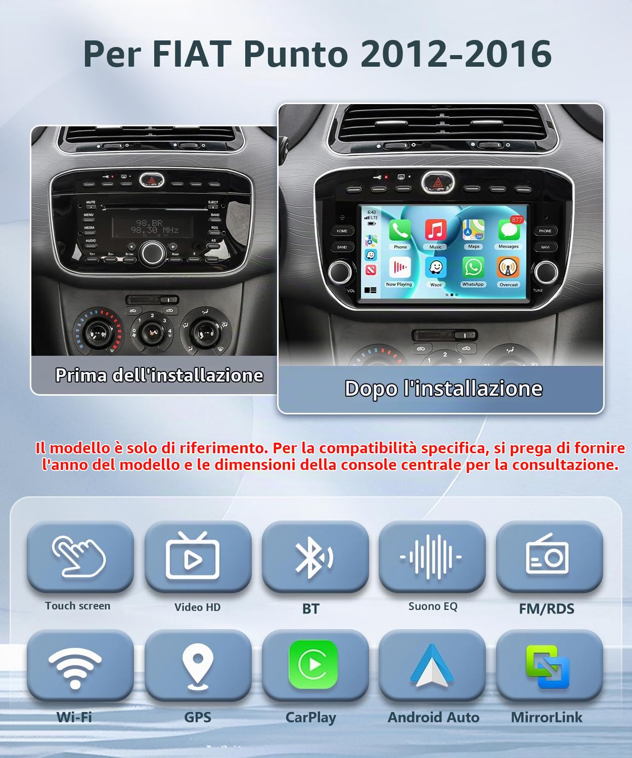 4GB+64GB Carplay Autoradio per Fiat Punto 2012-2016 - Wireless Android Auto Car Stereo Schermo con GPS Navigation WiFi Bluetooth RDS/FM Radio SWC USB Mirror Link Canbus & Telecamera