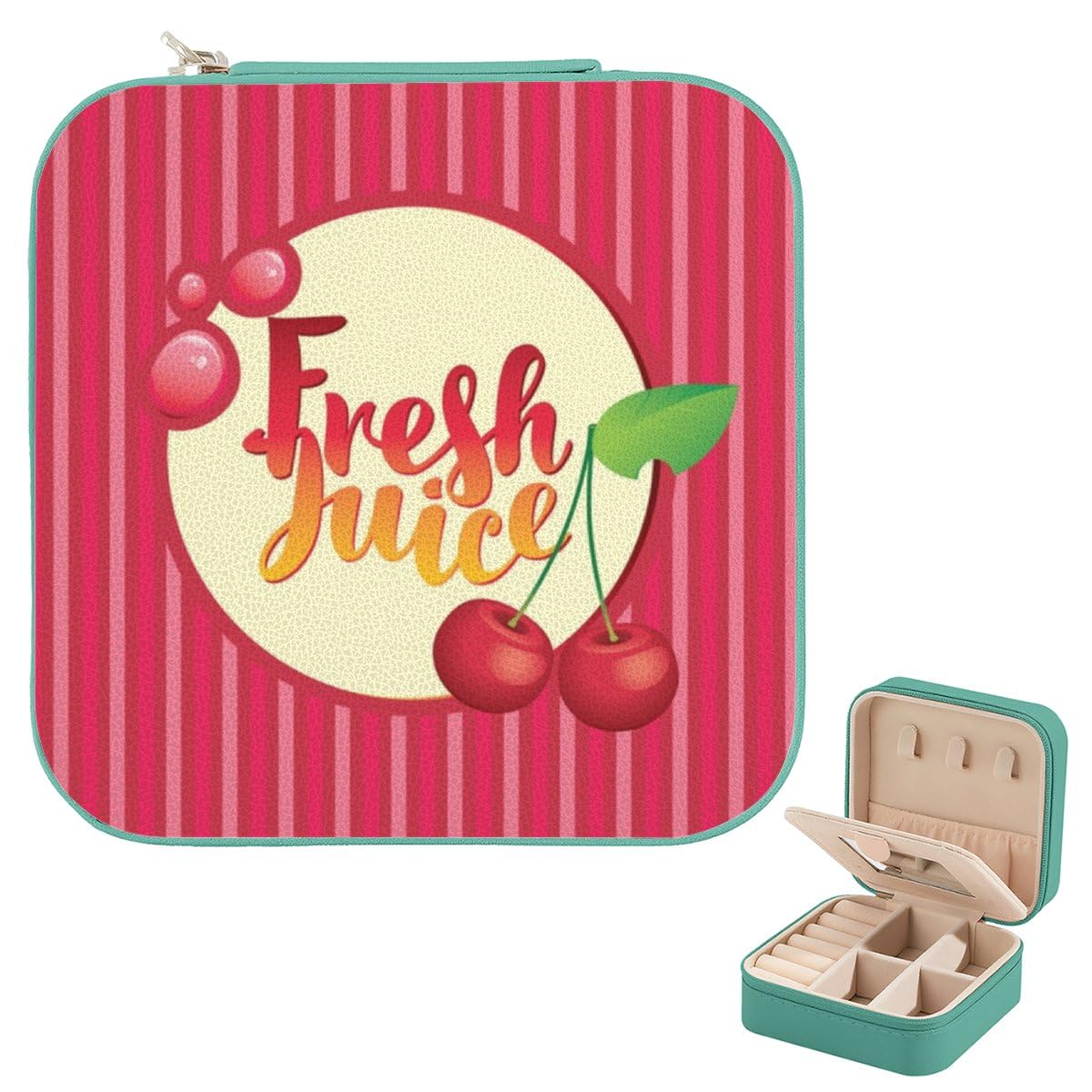 Necklace Gift Box Red Pink Striped Cute Cherry Leather Pale Green Small Square Jewelry Boxes Girl Accessories Mirror