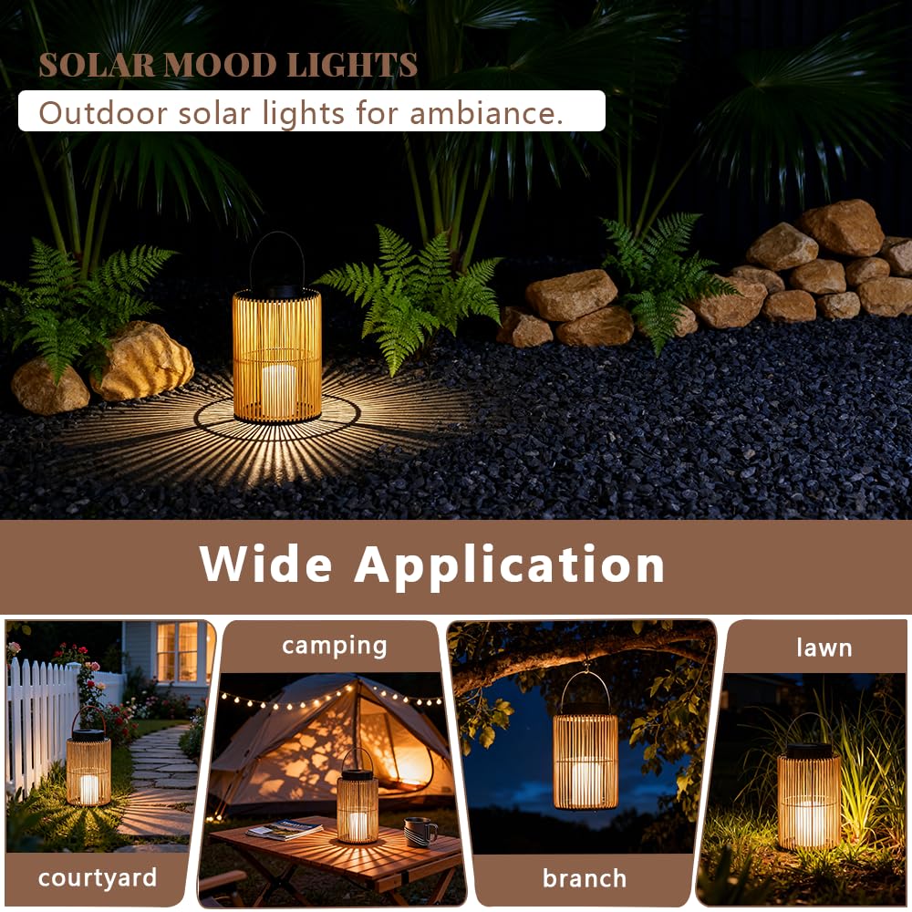 Set di 2 lanterne solari per esterni, stile boho, effetto rattan, per giardino, balcone e terrazza, accensione e spegnimento automatici, impermeabili