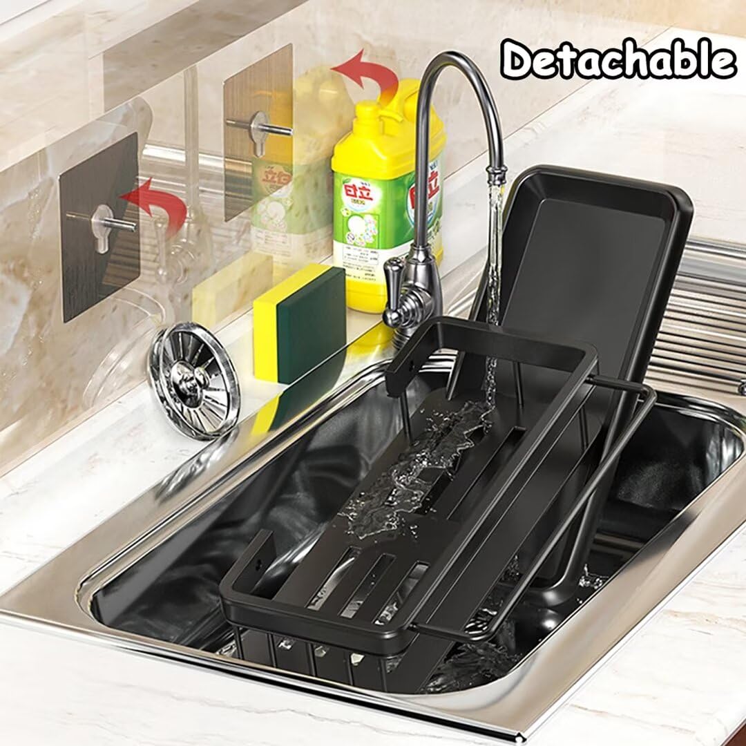 LIONONLY Spoelbak-organizer voor keuken, roestvrij staal, sponshouder en afvoerpan, afneembare borstelhouder en handdoekhouder, gootsteenorganizer