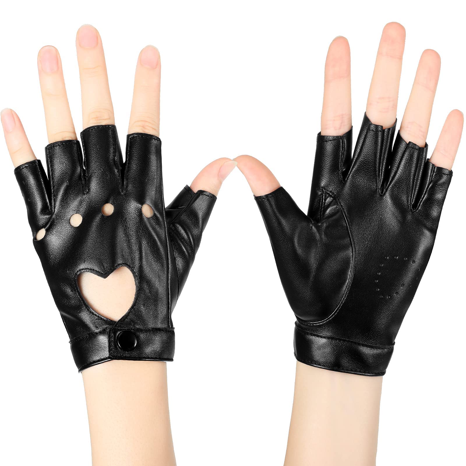 Punk Half Finger Gloves, PU Leather Performance Gloves, Women Heart Cutout Punk Half Finger Gloves, Dance Glove Performance Costume Style Glove (Black)