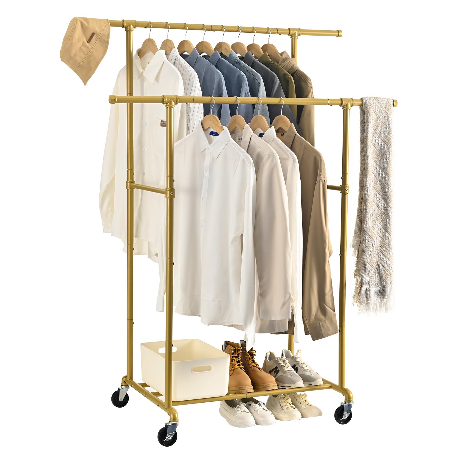 Heavy Duty Clothes Rack, Rolling Clothing Rack, Garment Rack with Wheels, Double Rod, Max 400Lbs, Gold