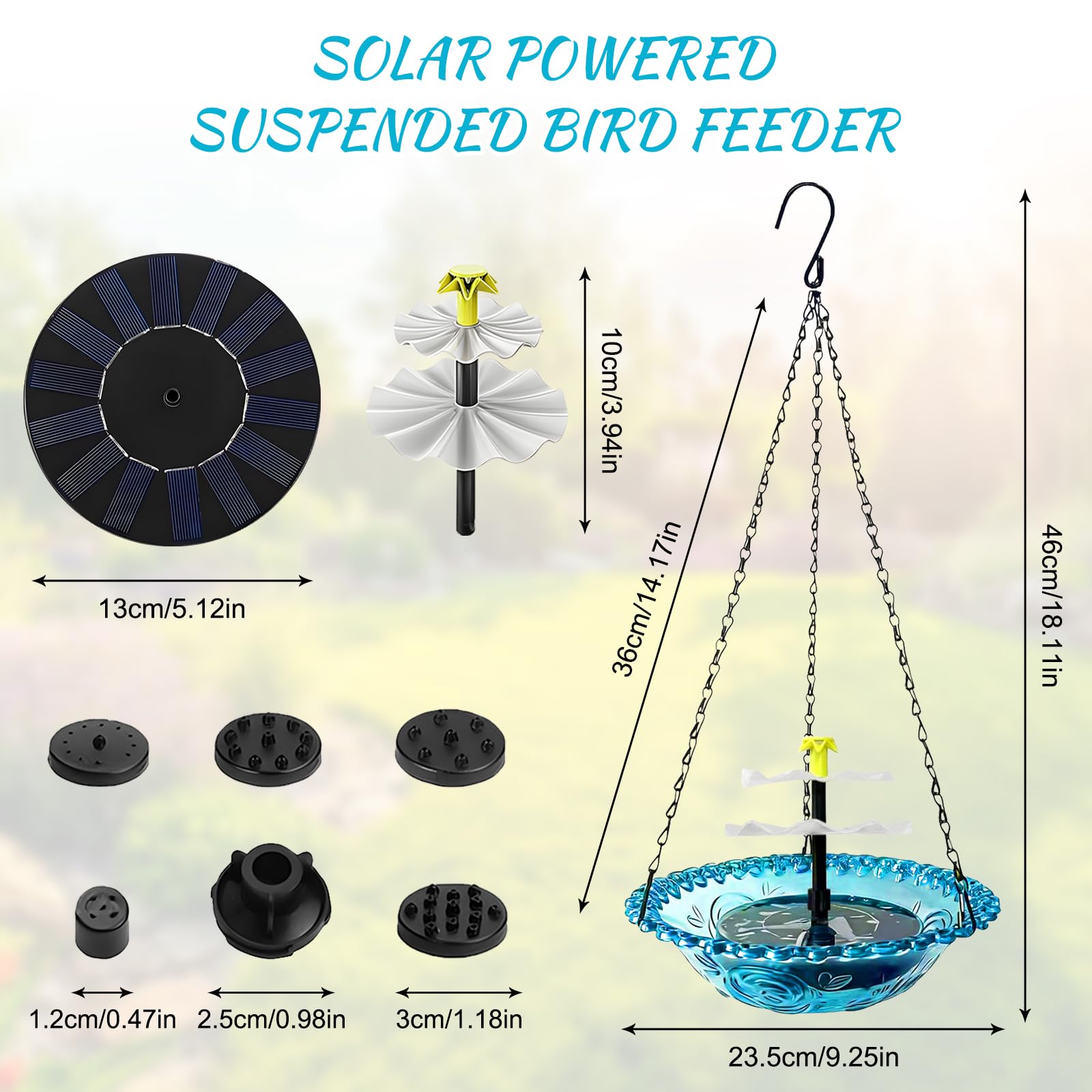 Bain d'oiseaux solaire avec fontaine, fontaine à oiseaux, pour jardin, balcon, bain d'oiseaux, suspendu avec chaînes en métal, jeu d'eau d'extérieur pour oiseaux (bleu)