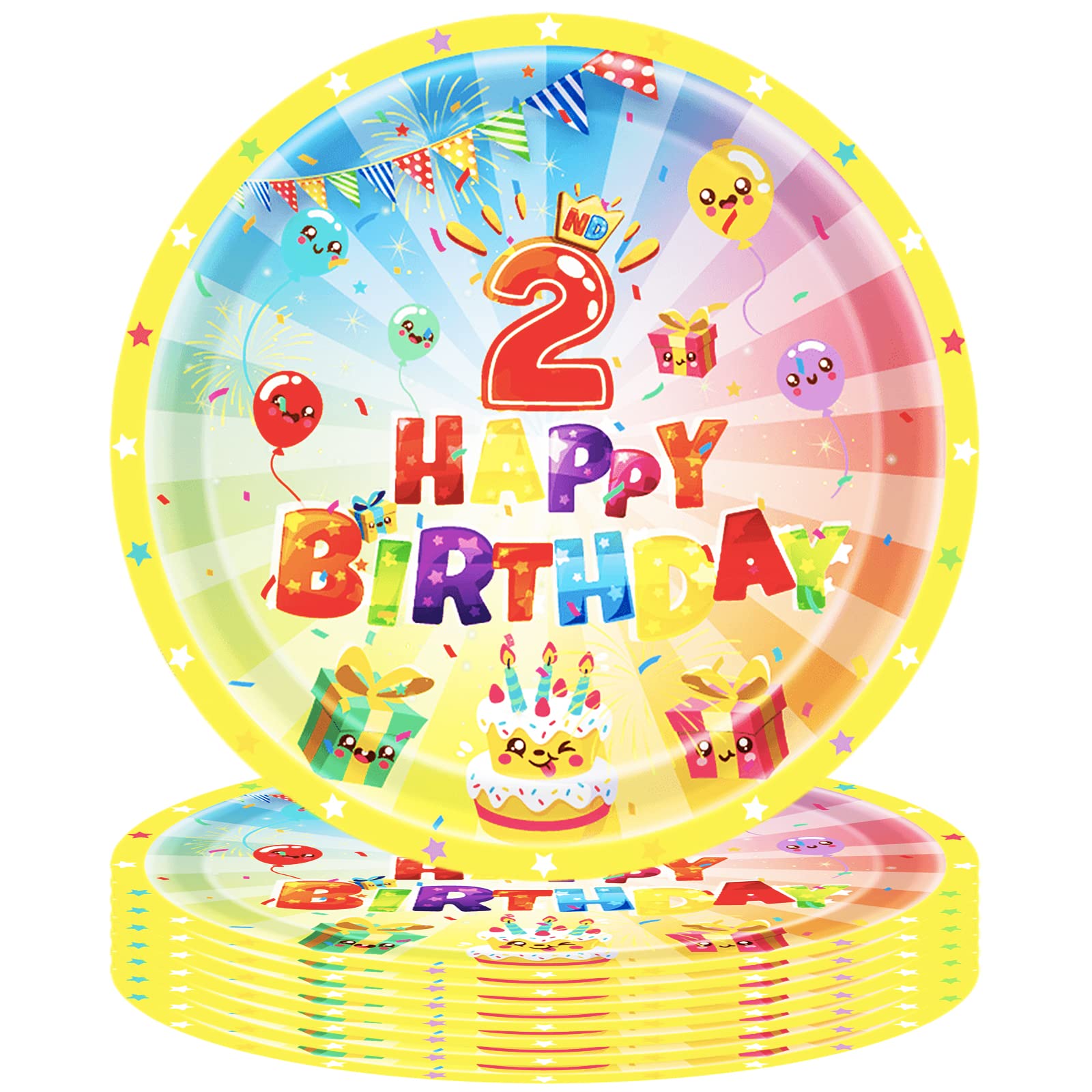 16Pcs Colorful 2nd Birthday Party Paper Plates 9 inch, Disposable 2nd Paper Tableware for Boys Girls 2nd Birthday Party Table Decorations Supplies for Baby 2 Years Old Birthday Party Dessert Plates