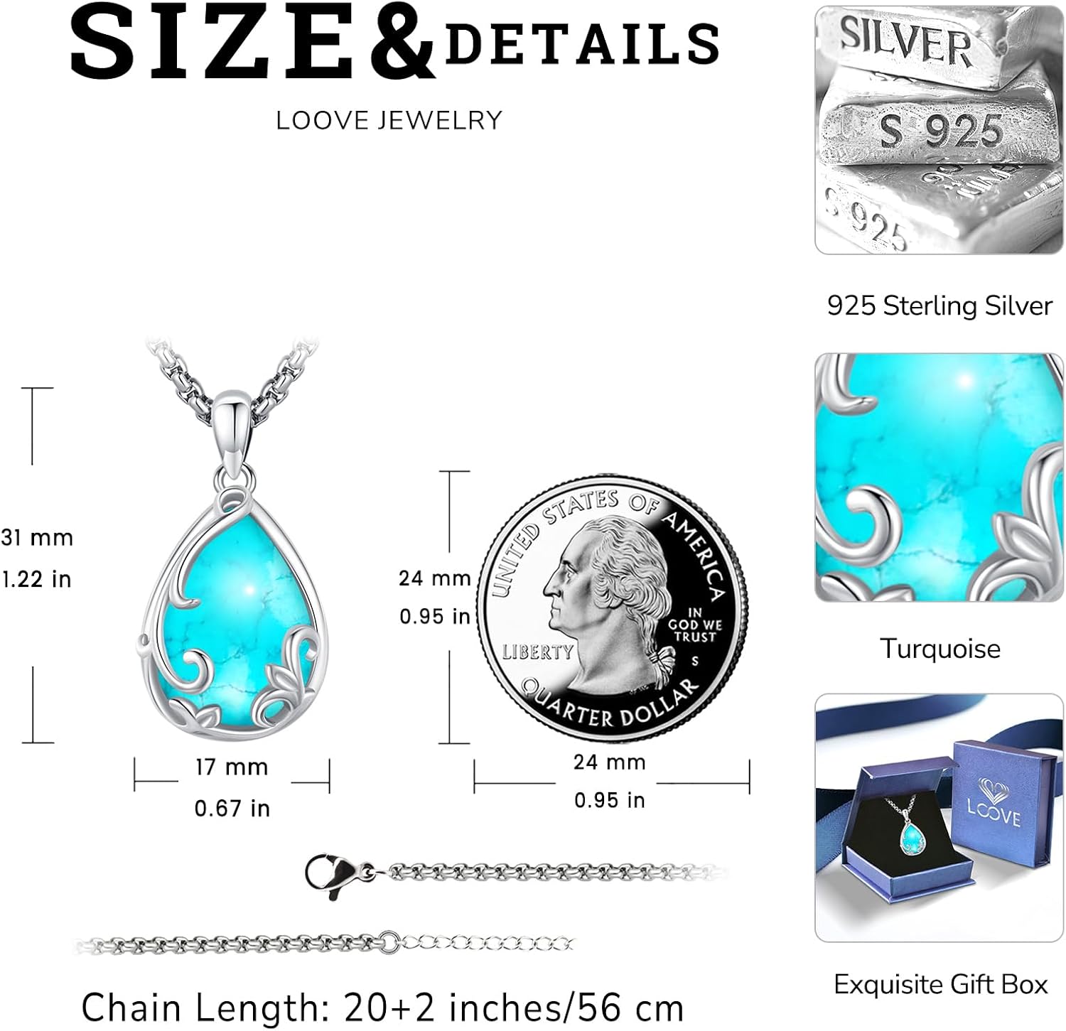 Filigree Teardrop Stone/Moonstone/Turquoise Necklace for Women Sterling Silver Jewelry - Image 2