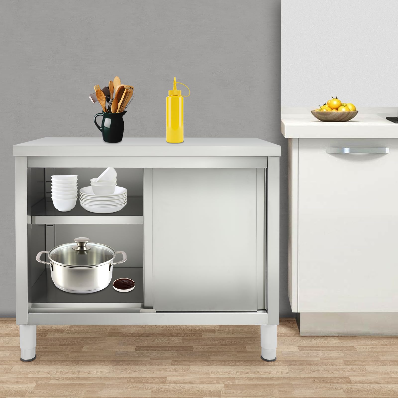 Armadio da lavoro con ante scorrevoli, piano da lavoro in acciaio inox, armadio con piano da lavoro per cucina, armadio autoportante in acciaio inox, tavolo in acciaio inox per cucina