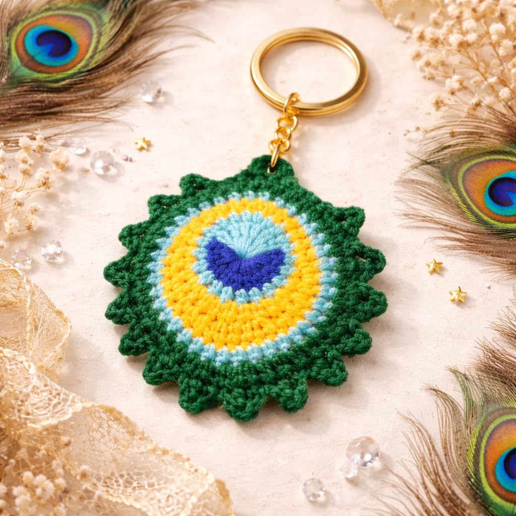Handmade Crochet Peacock Feather Keychain for Women & Girls | Evil Eye Nazar Protection Key Ring | Aesthetic Bag Charm Cotton Keychain for Car Bike Keys | Good Luck Gift Item-image-6