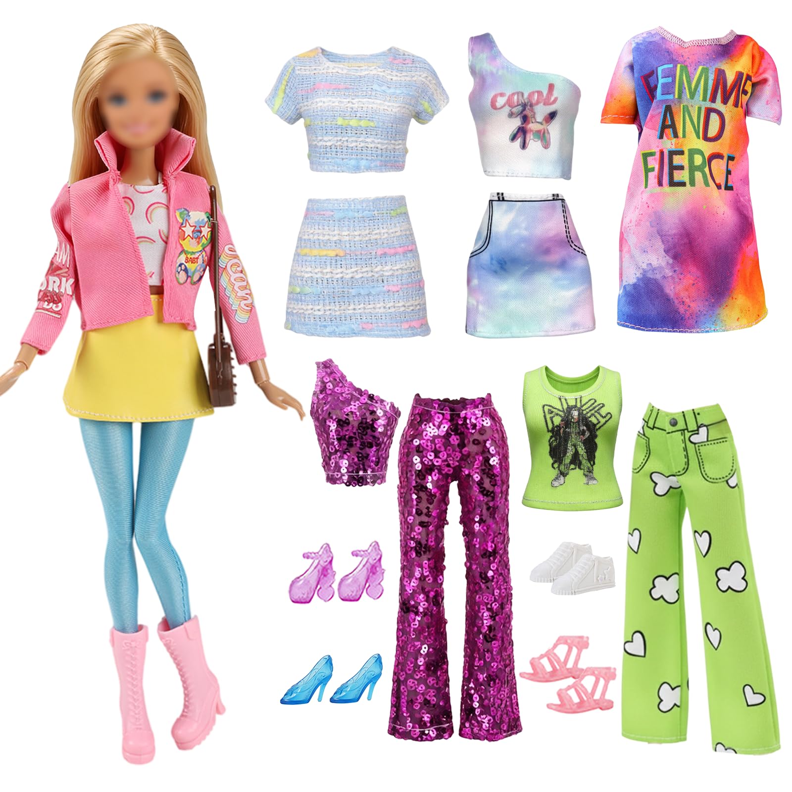 19 Pcs Doll Clothes and Accessories Compatible with Barbie for 11.5 inch Doll，Include 1 Jacket 4 Tops 1 Short Sleeved Top 3 Skirts 1 Dress 2 Trousers 5 Shoes 1 Bag 1 Tights for Girls Gift