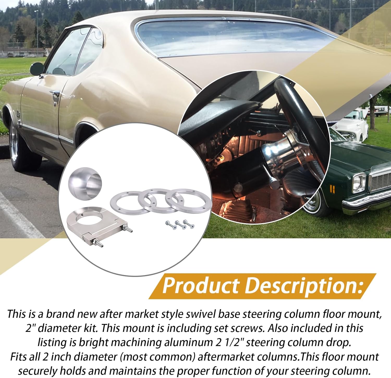 2" Swivel Base Floor Mount & 2-1/2" Chrome Steering Column Drop Combo Compatible with SBC BBC 350 454.for Vehicles with 2" Diameter Steering Columns