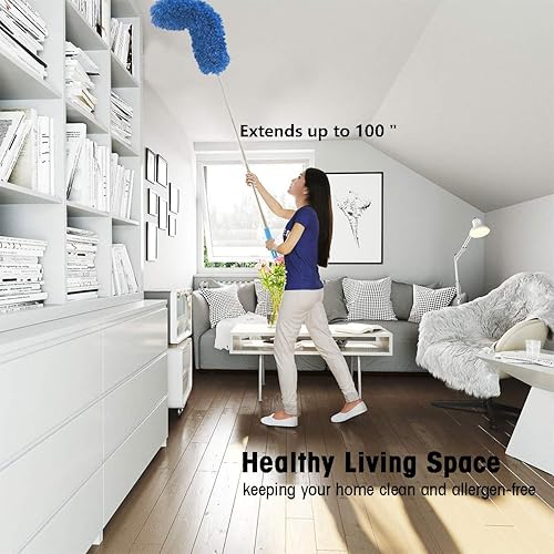Miniatura 5 de HEOATH Plumero de microfibra con poste extensible, plumero de telaraña extra largo de 100 pulgadas para limpieza, cabezal flexible, antiarañazos,