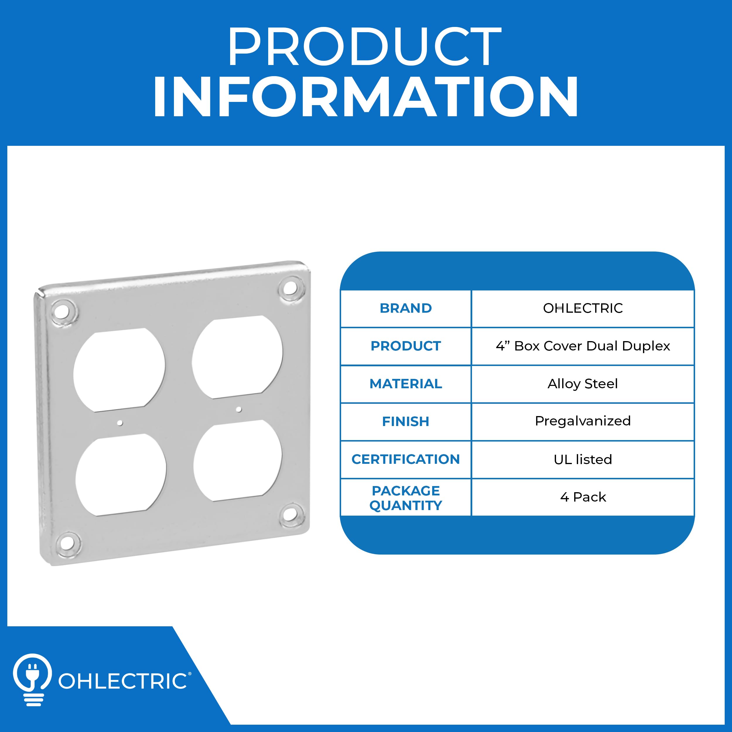OHLECTRIC Steel Dual Duplex Receptacle Box Cover| 4” Square Electrical Box Cover, Fire Rated | Ideal for Wiring Connection Protection and Wiring Devices (4-Pack)