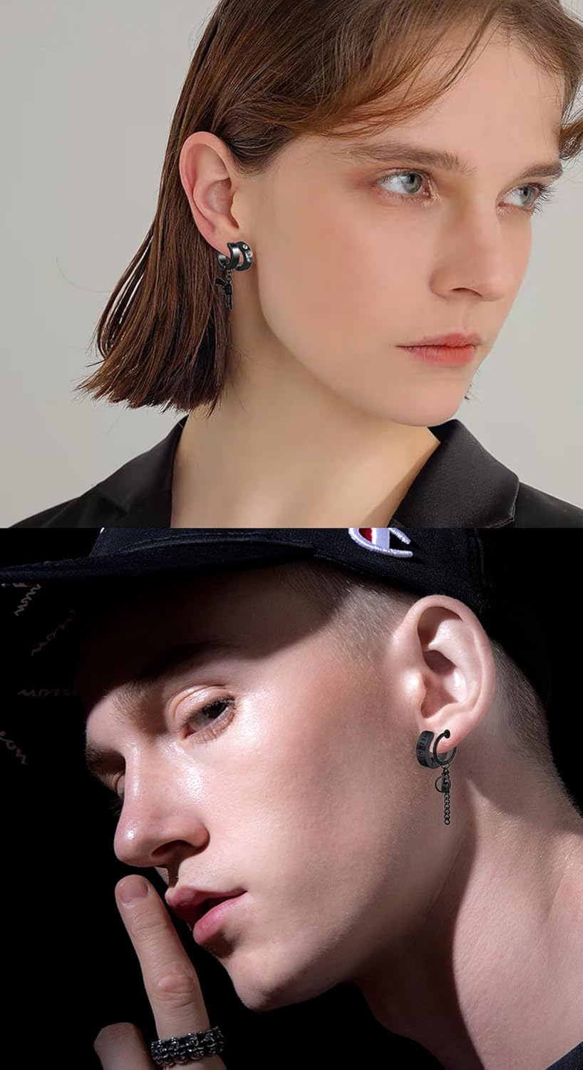 5 Pairs Black Stainless Steel Non-Piercing Spike Rivet Cross Dangle Tassel Clip on Hoop Earrings Set for Women Men Boy Girl, Non Pierced Fake Ear Clip Stud Earrings - Image 7