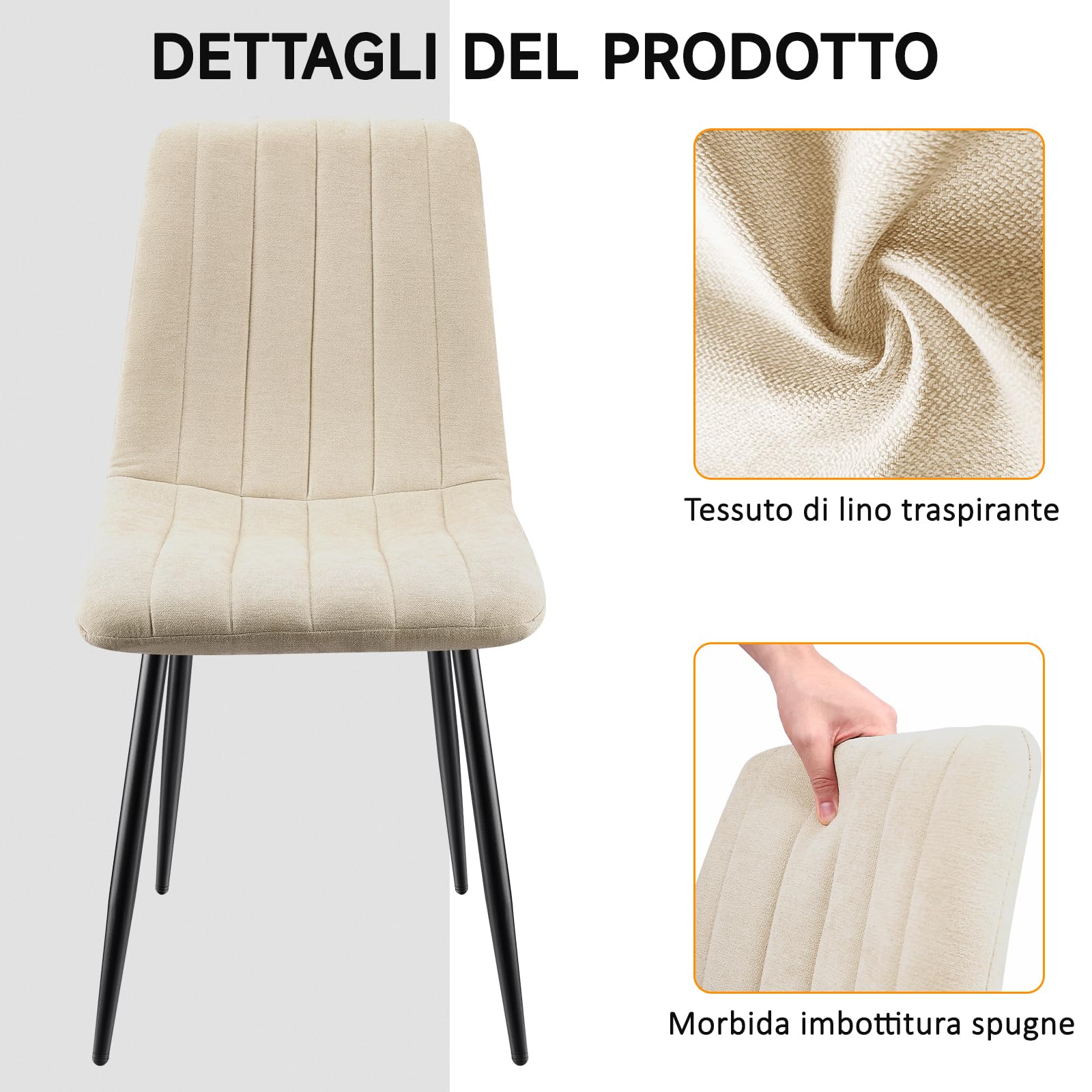 Set di 4 Sedie da Pranzo,Sedia da Cucina Con Piedi In Metallo Nero,Sedie Imbottite Con Tessuto di Lino,Sedia da Camera da Letto,Sedia da Salotto,Sedia da Soggiorno,Sedie Moderne-Beige