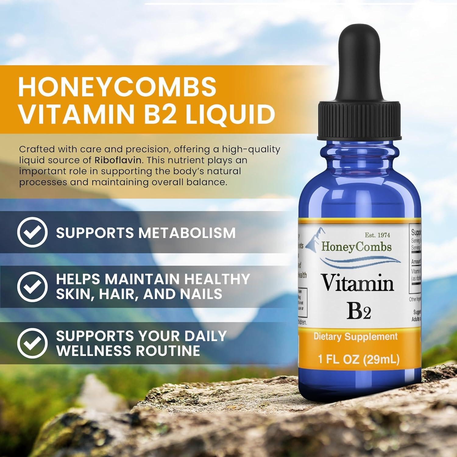 HoneyCombs Liquid Vitamin B2 Drops Riboflavin B2 Supplement 1 Fl Oz | Headache Support Energy Metabolism & Nervous System Support High Potency Alcohol Free Vegan Fast Absorbing product thumbnail 4