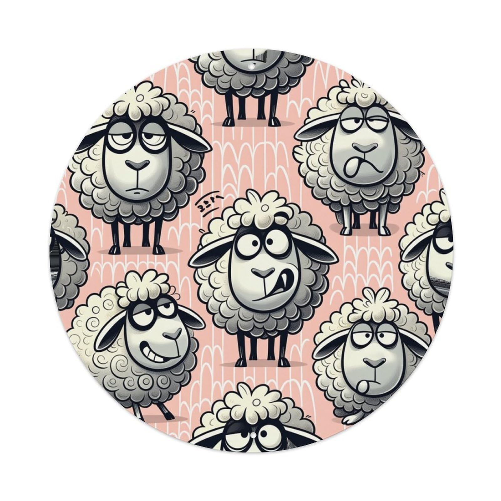 Cartoon Sheep Pattern Print Design Round Tin Sign Retro Metal Sign for Cafe Bar Pub Home Game Room Gym Club Wall Decoration Vintage Metal Poster 8x8 Inch