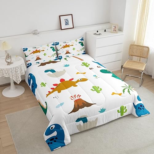 Miniatura 3 de Feelyou Juego de edredón Kawaii de dinosaurio, juego de ropa de cama con patrón de dinosaurio, edredón acolchado de animales salvajes para niños,