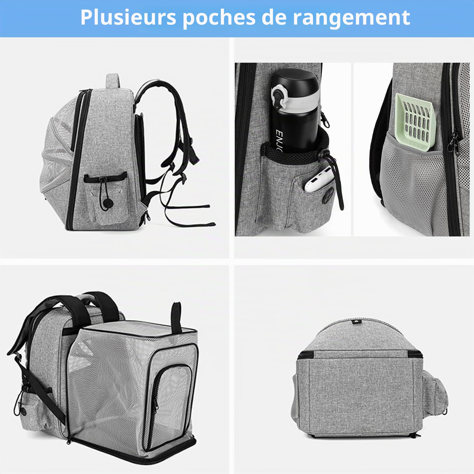 Sac à Dos Extensible pour cha,Sac a Dos Chat Respirant, avec Matelas en Peluche Amovible,pour Animaux de Compagnie jusqu'à 15 kg,Portable Sac Chat Transport pour Voyage, Achats,Gris