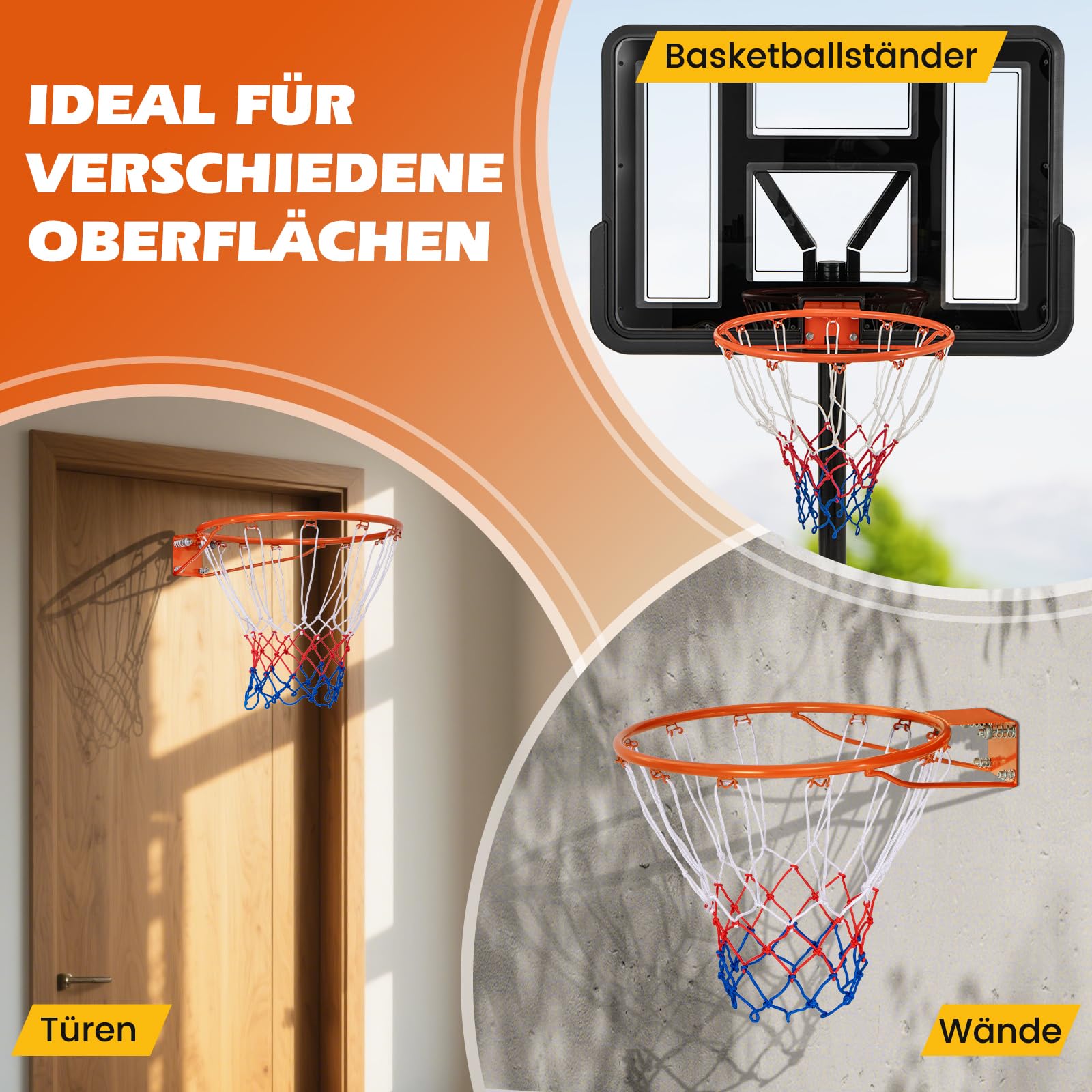 GYMAX Basketballkorb Wandmontage Ø45 cm, Basketballnetz mit stoßdämpfende Federn & wetterbeständiges Netz, Basketballring für Innen & Außen