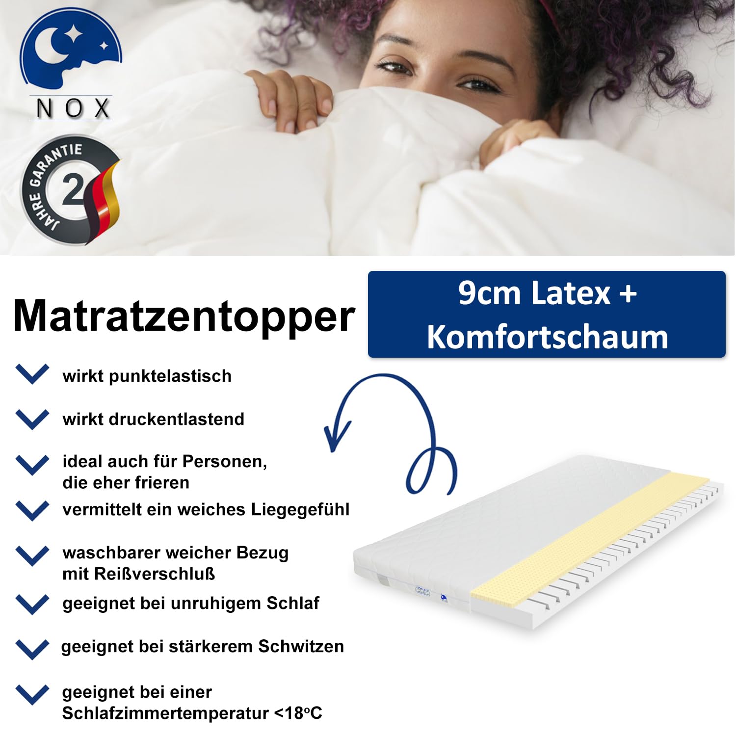 TULENA Ortho - Coprimaterasso 90 x 200 cm, altezza 9 cm, 90 x 200 cm, per letto a molle, divano letto, letto degli ospiti con lattice per chi soffre di allergie