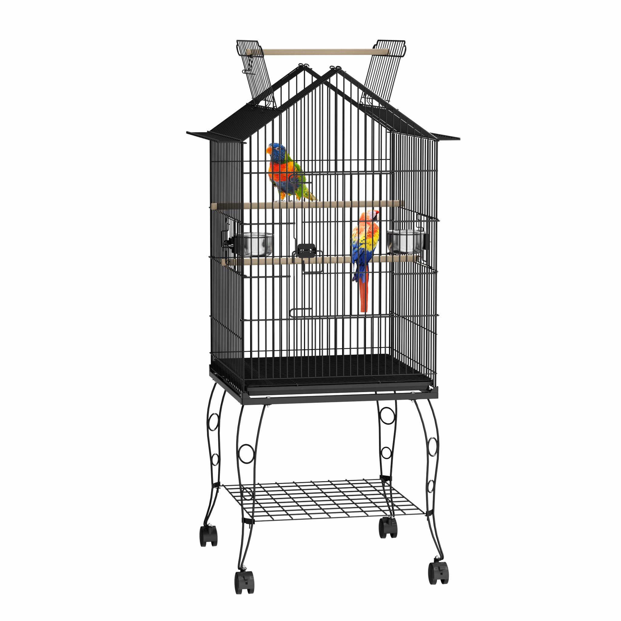 SUBTLETY Metall Vogelkäfige 55x55x145cm Wellensittich Käfig mit Ausruhen Holzstab Nymphensittiche Vogelbauer Tragbare Vogelvoliere mit Dachfenster, Tür, Futtertrog, Herausnehmbares Tablett & Rollen