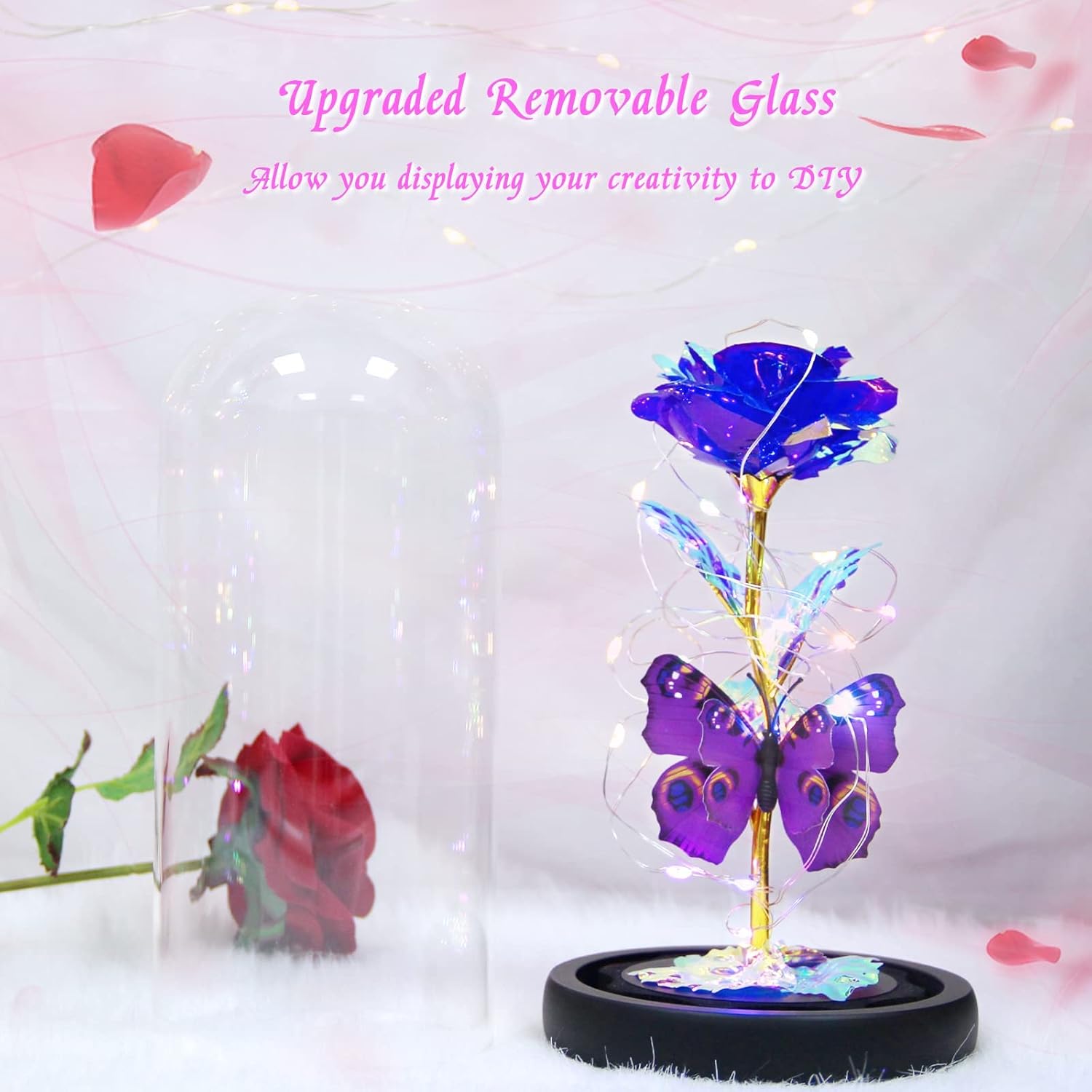 Valentines Day Rose Gifts for Her, Galaxy Purple Butterfly Rose in Glass Dome, Light Up Forever Roses Birthday Gifts for Women Mom Grandma, Eternal Rose Gift for Her Valentine Mothers Anniversary - Image 4