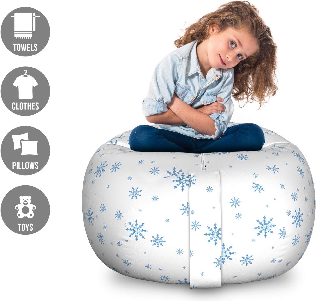 Ambesonne Winter Storage Toy Bag Chair, Cold December Design Simple Seasonal Snowy Weather Ice Frost Gentle Winter, Stuffed Animal Organizer Washable Bag, Large Size, Blue White