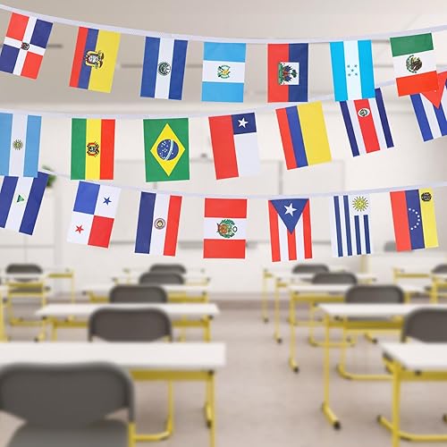 Juego de 2 banderas de cadena de América Latina de 21 países, decoraciones del mes de la herencia hispana, banderas de bandera latina surtidas de 25