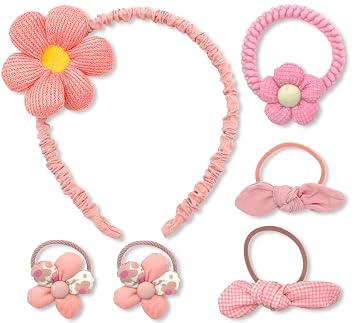 Pink Headband Hair Ties Set for Girls - 6 Pack Flower Pink Ponytail Holders Floral Hair Bands Cute Hair Accessories for Little Girl Teens Toddlers Child Kids Gifts