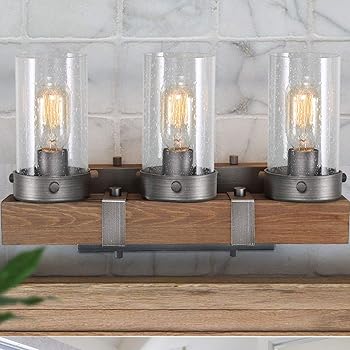 Log Barn Wood Vanity Lights Farmhouse Bathroom Fixtures Over Mirror With Seeded Glass Shades 18 1 Antique Silver Finish Amazon Com