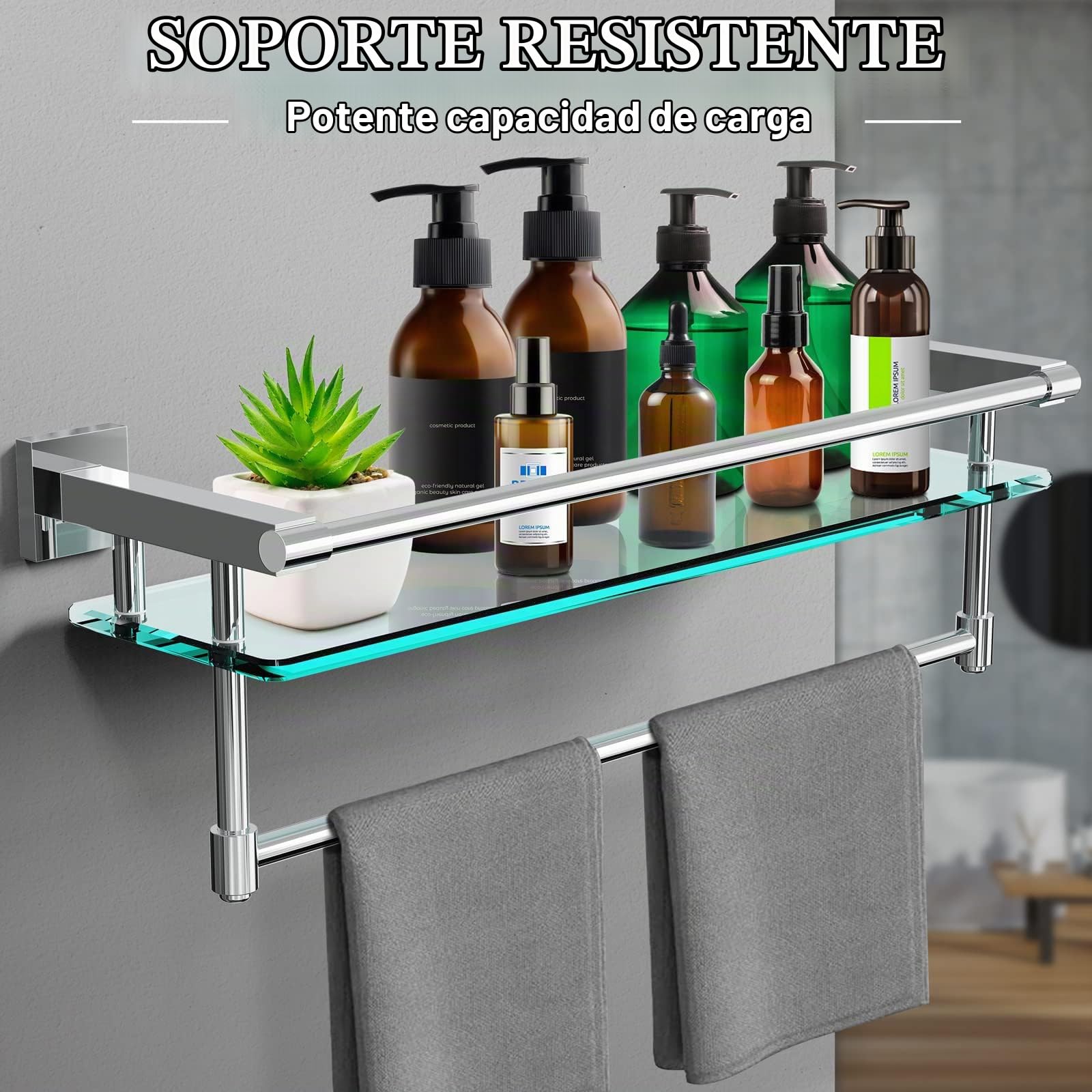 Estante de Cristal para baño de 50,8 cm con toallero, Estante de Vidrio Templado montado en la Pared, Estante de Almacenamiento de Toallas de Hotel, Sus304, Acero Inoxidable, Acabado Cromado
