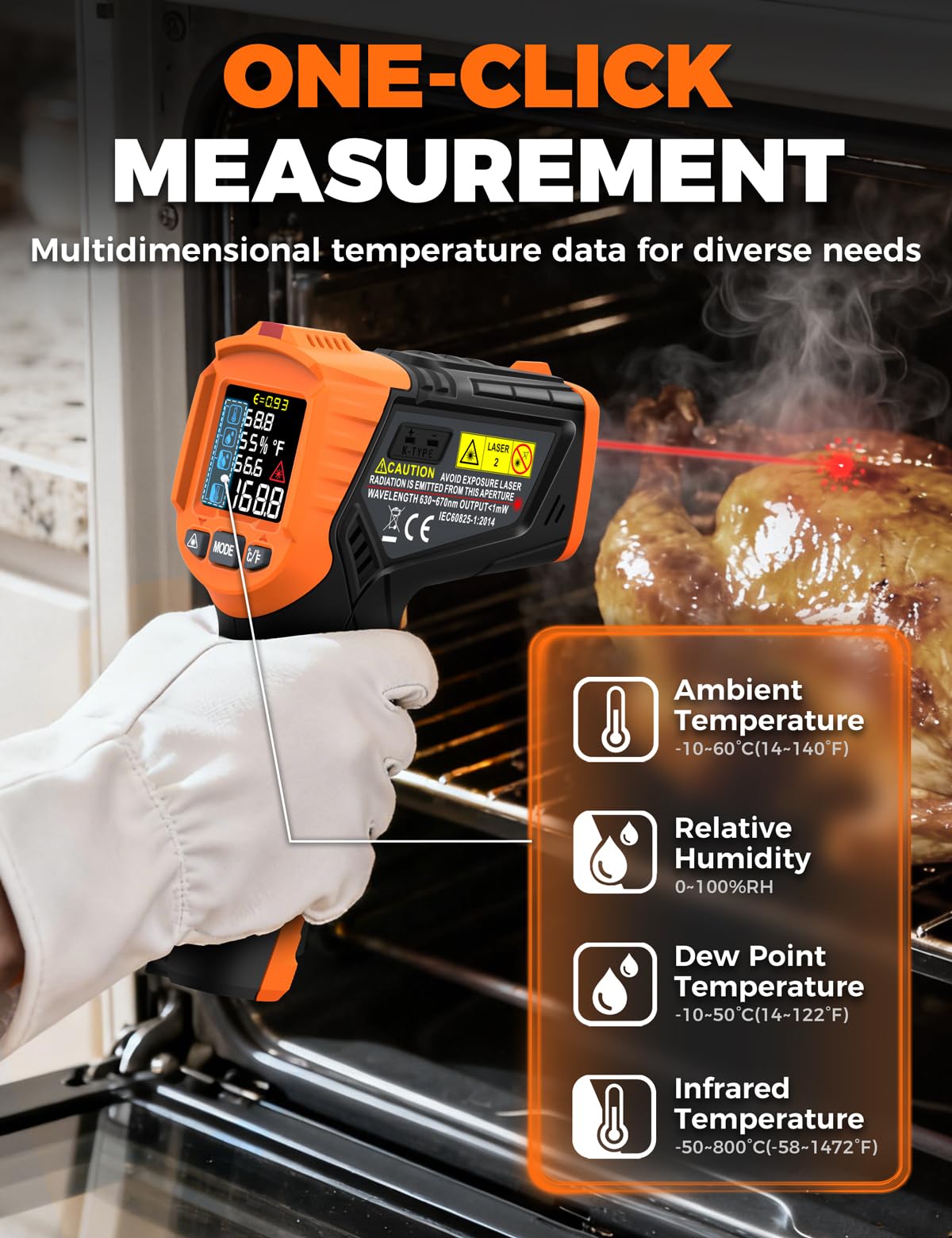 IM06MAX Digitales Infrarot Thermometer Laser -50°C bis 800°C mit K-Typ-Sonde, IR Pyrometer Temperaturmessgerät mit Taupunkterkennung für Industrie, HVAC, Kochen & Kfz-Reparatur