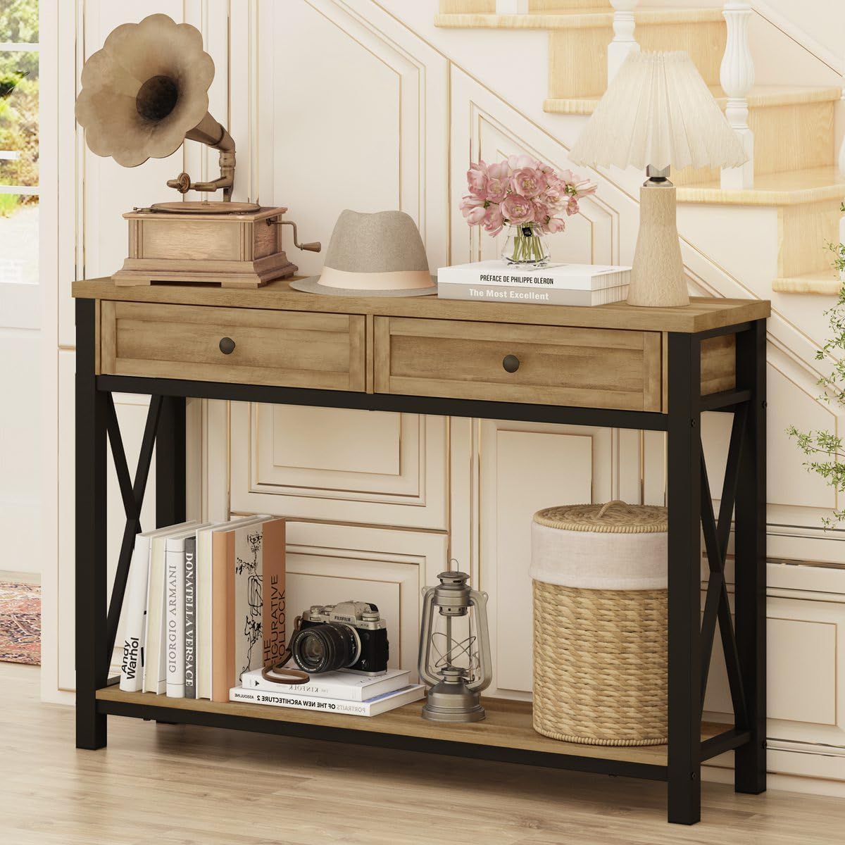 BON AUGURE Entryway Table with Drawers, Sofa Table with Storage, Couch Tables Behind Sofa for Living Room, Foyer Tables for Hallway, Entry, Front Door (Vintage Oak, 47 Inch)