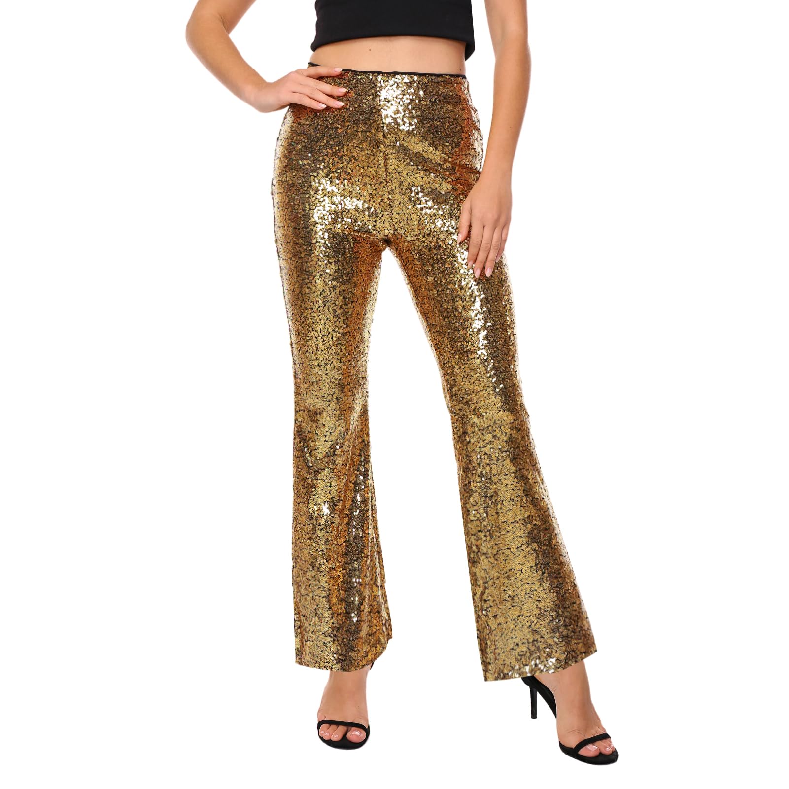 Pantalon a Paillettes Femme Chic Pattes d´Elephant Talle Alta Brillante Pantalon Vintage Paillette Soirée Dance Disco Bal Oro M