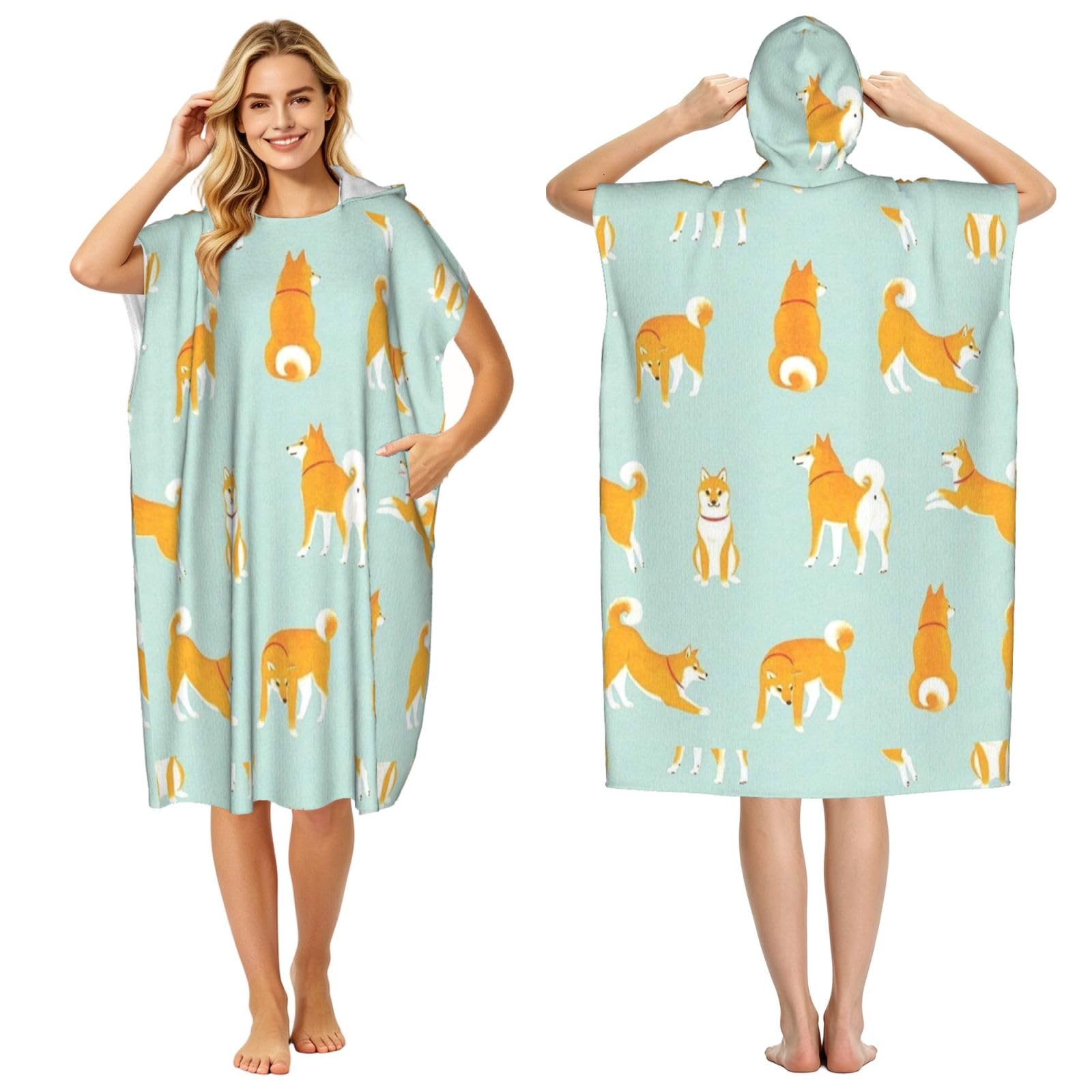Poadnly Cute Shiba Inu Puppy, Adult Hooded Beach Towel 90 x 110 cm,Changing Bath Robe, Surf Poncho Towel For Women Men