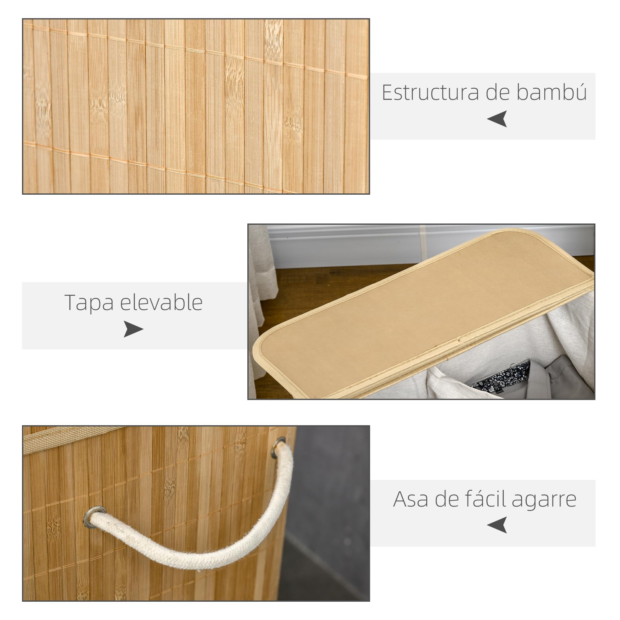 HOMCOM Cesto de Ropa Sucia con Tapa, 90L, Cesta Ropa Sucia de Bambú con 2 Compartimentos, Bolsa Interior Extraíble y Lavable, Asas, para Lavandería, Dormitorio, 54,2x35,2x59,5 cm, Natural