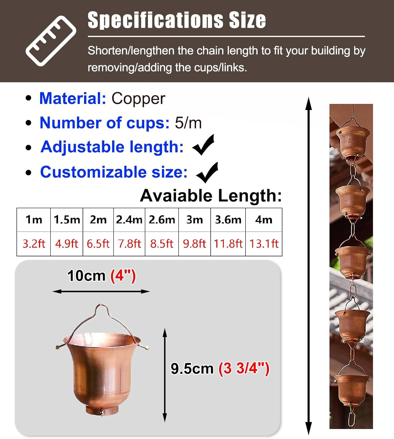 Rain Chain Tea Cup Copper Rain Catcher with 5 Cups/m, Adjustable Divert Water Rain Drain Chains, Hanging Decoration Rain Chains for Rain Gutter (Size : 1 m (3.2ft))