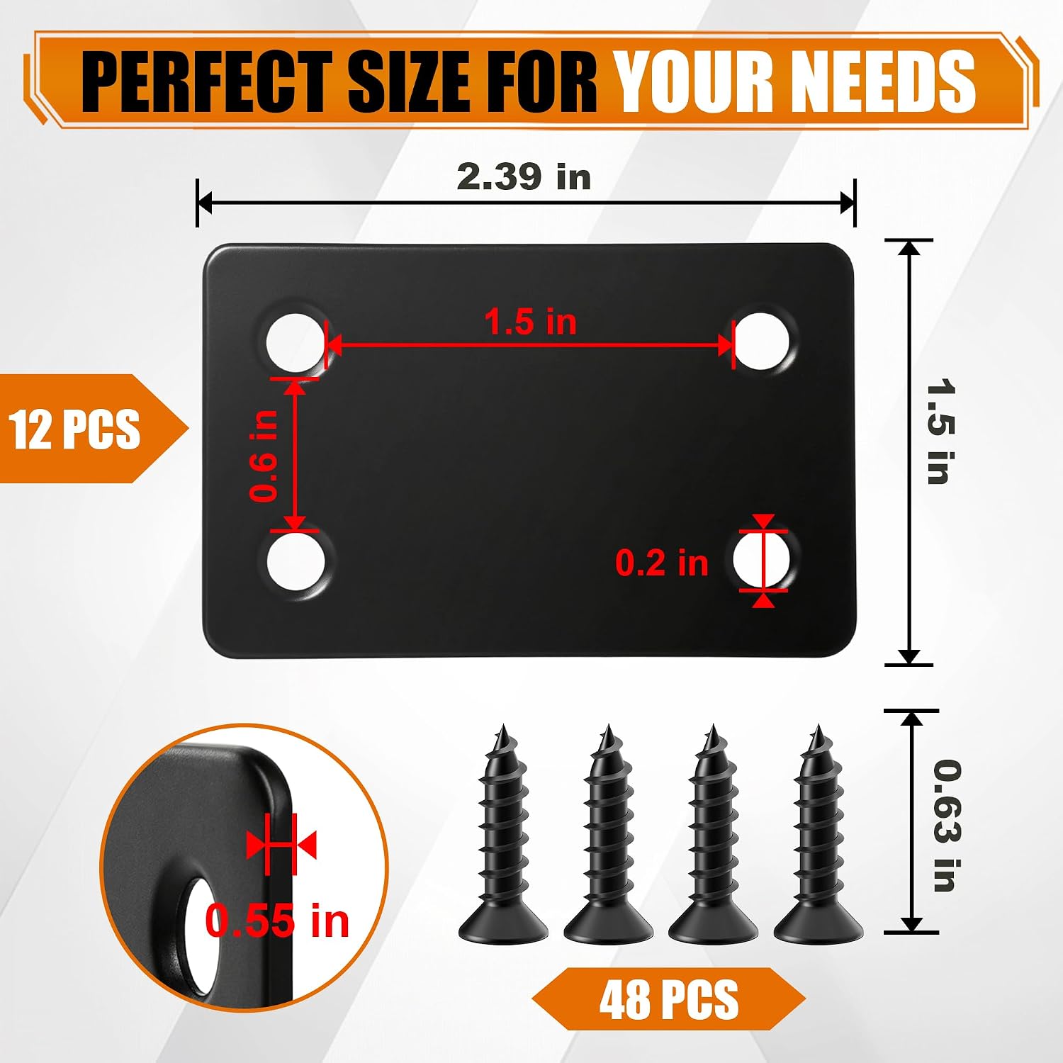 12 Pack Straight Flat Brackets, Black Stainless Steel Mending Plate