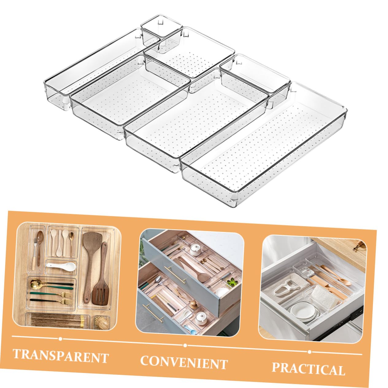 Veemoon Data [ Set Da 7 Contenitori Trasparenti Per Cassetti, Organizer Per Cassetti Da Trucco e Scrivania, Divisori a Griglia in Plastica Resistente Per Bagno, Cucina e Ufficio