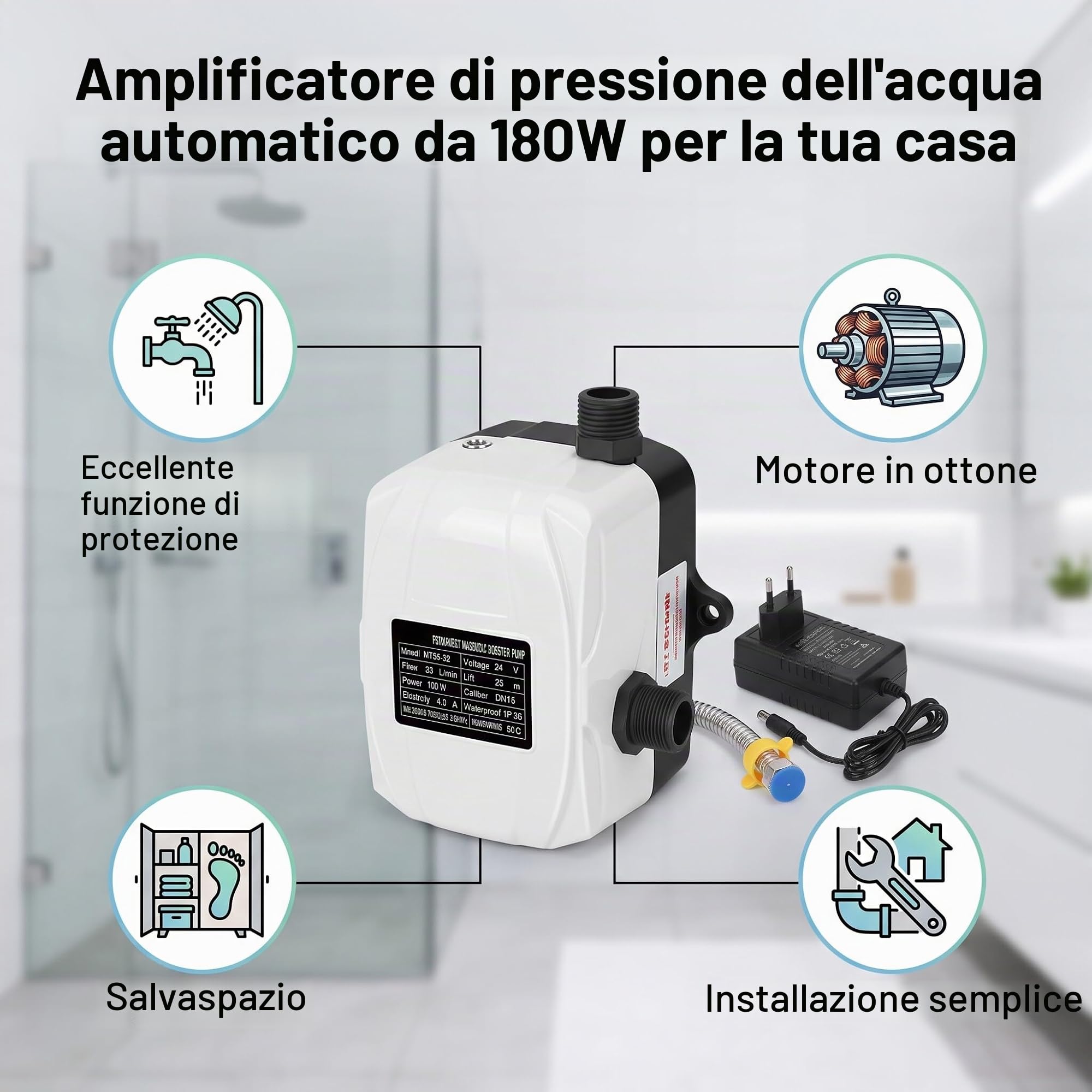 Pompa di Aumento Pressione Acqua Automatica DC24V, 180W, per Doccia e Solare, Basso Rumore, Spina UE