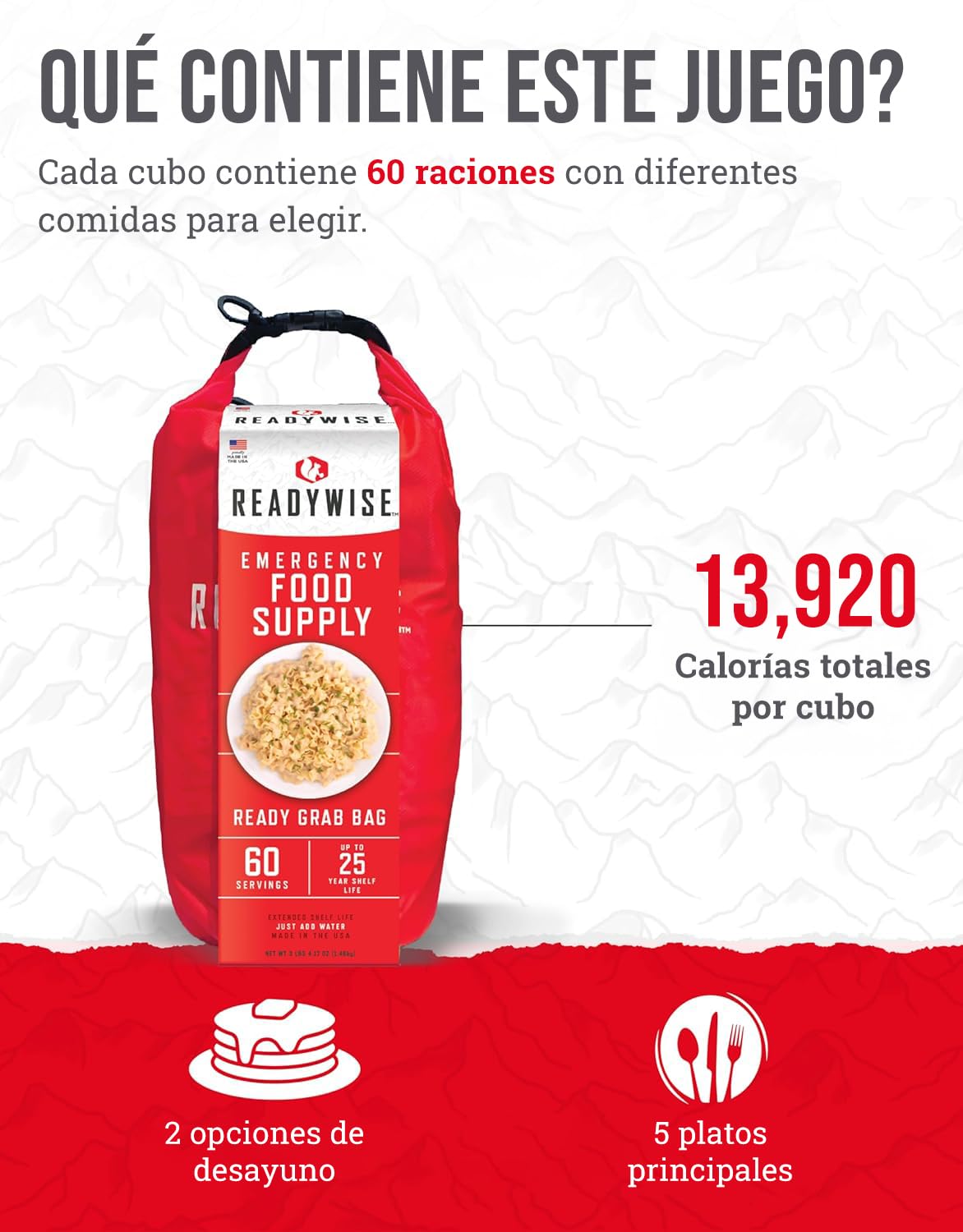 ReadyWise, 60 raciones, desayuno, comida y cena, bolsa seca Grab & Go, liofilizado, hasta 25 años de vida útil, alimentos de emergencia