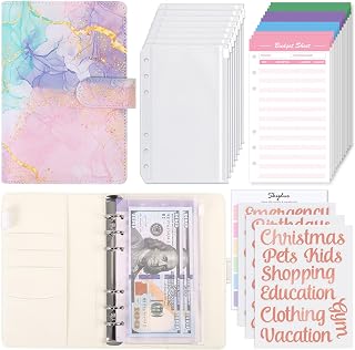 SKYDUE A6 Budget Binder with Zipper Envelopes, Money Saving Binder Includes 12Pcs Expense Budget Sheet & 24Pcs Stickers, Budget Book with Cash Envelopes to Help You Organize Finances Effectively