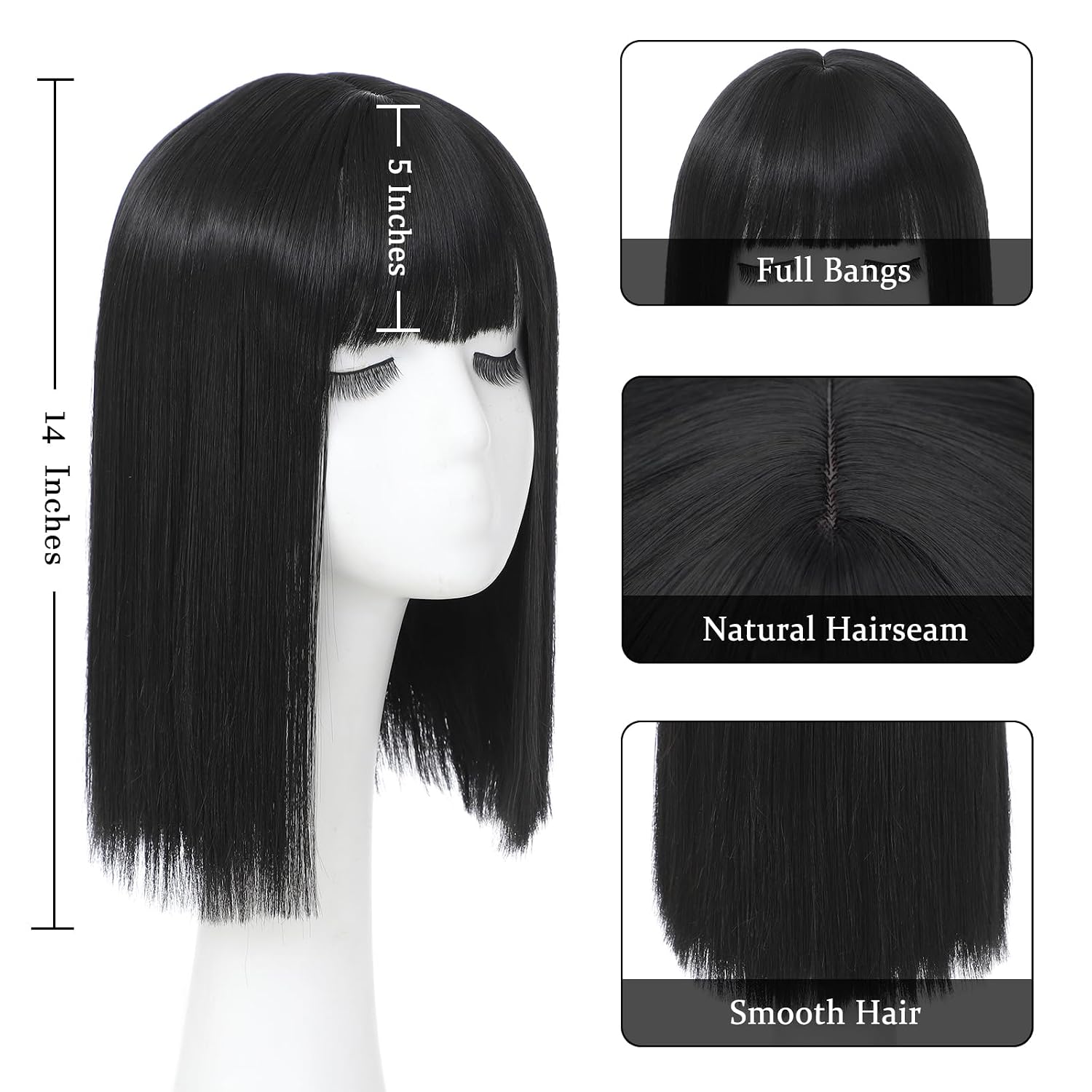 Black Bob Wig With Bangs - Heat Resistant 14Inch Synthetic Hair, Short Straight Shoulder Length Natural-Looking Cosplay Wig for Daily Use, Parties & Women Girls