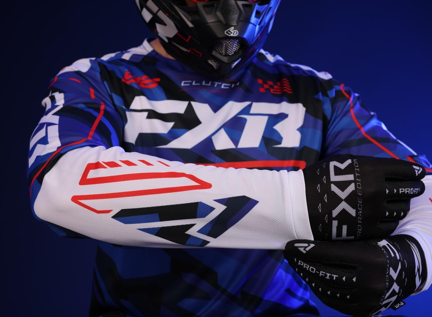 FXR Clutch MX Jersey Soft Moisture-Wicking Drop Tail Design Blue Camo/Red - Large