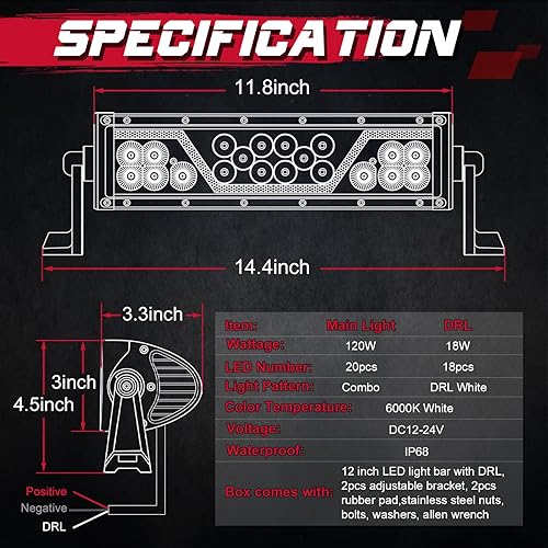 Miniatura 2 de OFFROADTOWN Barra de luz LED de 12 pulgadas con DRL ámbar para todo terreno, luz de parachoques, 3 modos de 120 W, luces de conducción antiniebla,