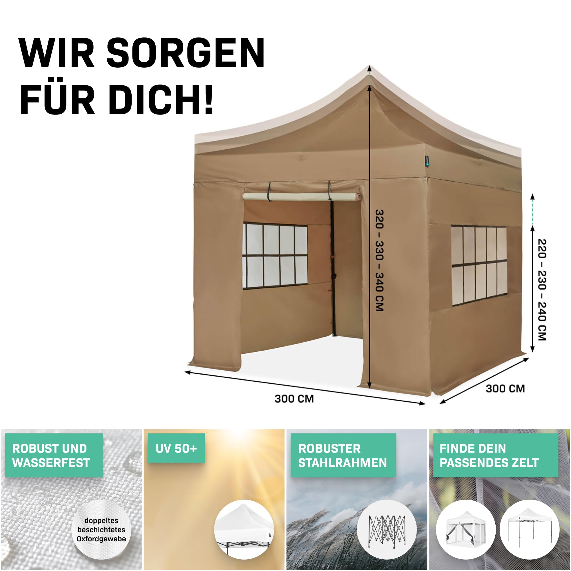VONROC Pavillon 3x3 M – Wasserdichtes Partyzelt Mit Easy-Up-System, In 3 Min Aufgebaut, Modular Erweiterbar – Für Garten, Festival & Events