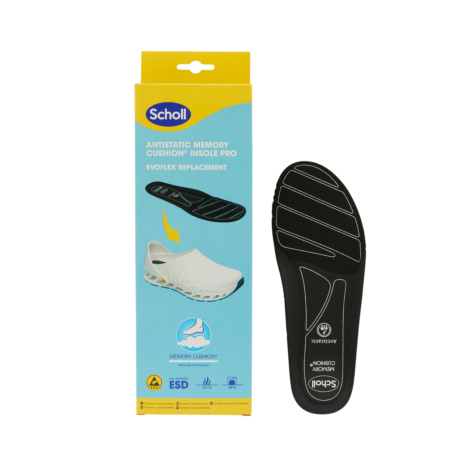 Scholl Antistatic PRO Memory Cushion Insoles for Evoflex, Unisex-Adult, EU 39, Black, 5 UK