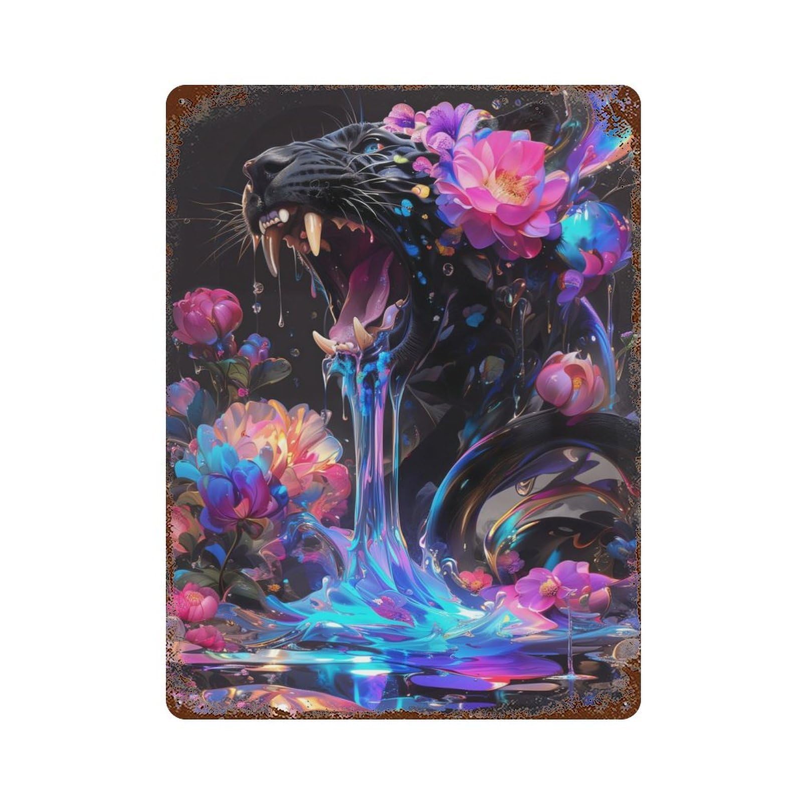 Rust Effect Floral Panther Fury Rusty Metal Tin Sign 15.7"x11.8", Old School Wall Decor for Cafe, Home Bar And Lounge Decor