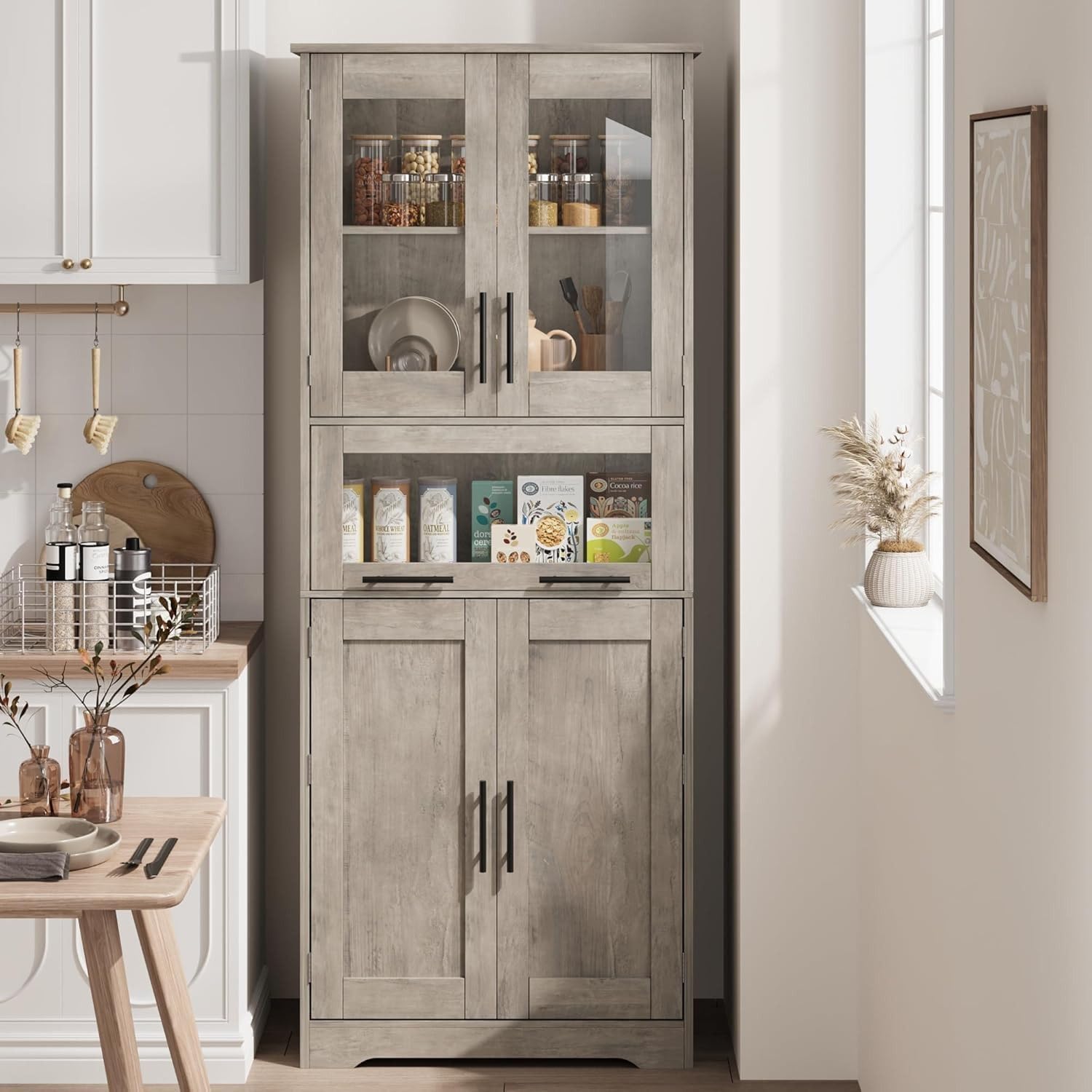 Armario de Baño de Doble Compartimento, Mueble de Baño con Puertas y Estante Ajustable, para Baño, Lavandería y Espacios Pequeños, Gris, 60×30×170 cm