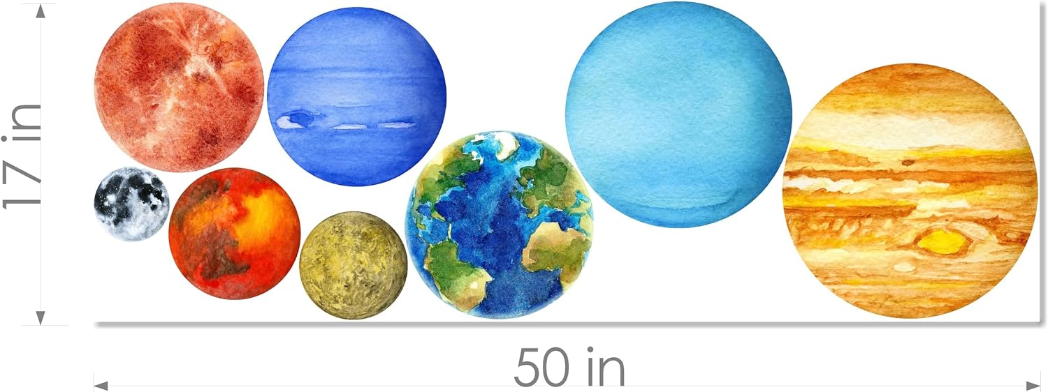 Watercolor Solar System Wall Decals for Kids Room, Planet Space Nursery Stickers, Peel & Stick Outer Space Decor, Educational Planet Wall Art for Boys, Set of 10 (Set of 10 with Full Sized Sun)