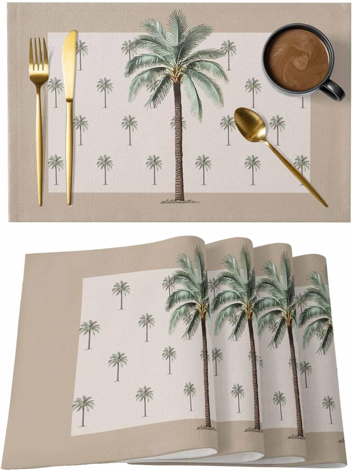 Placemats Set of 6 Dinner Cotton Linen Burlap Heat Resistant Table Mats Tropical Beach Palm Tree Washable Non-Slip Insulation Placemat for Banquet Kitchen Dining Table Decor 13 x 19 Inch